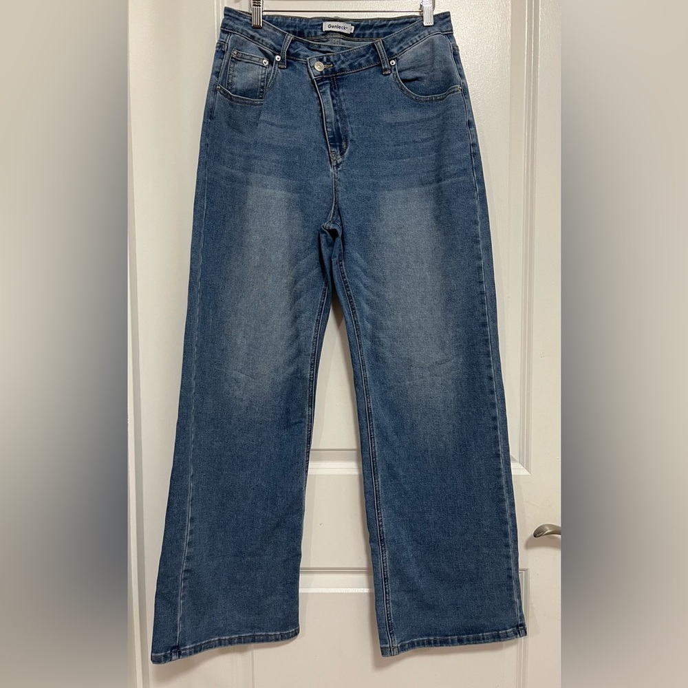 Genleck Crossover Waist Wide Leg Jeans Size 12 Stretch Denim Y2K